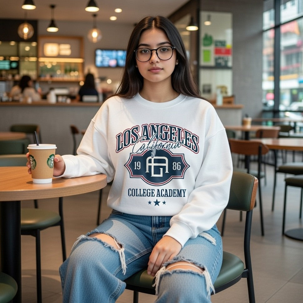 Person wearing a 'Los Angeles College Academy' sweatshirt in a casual setting