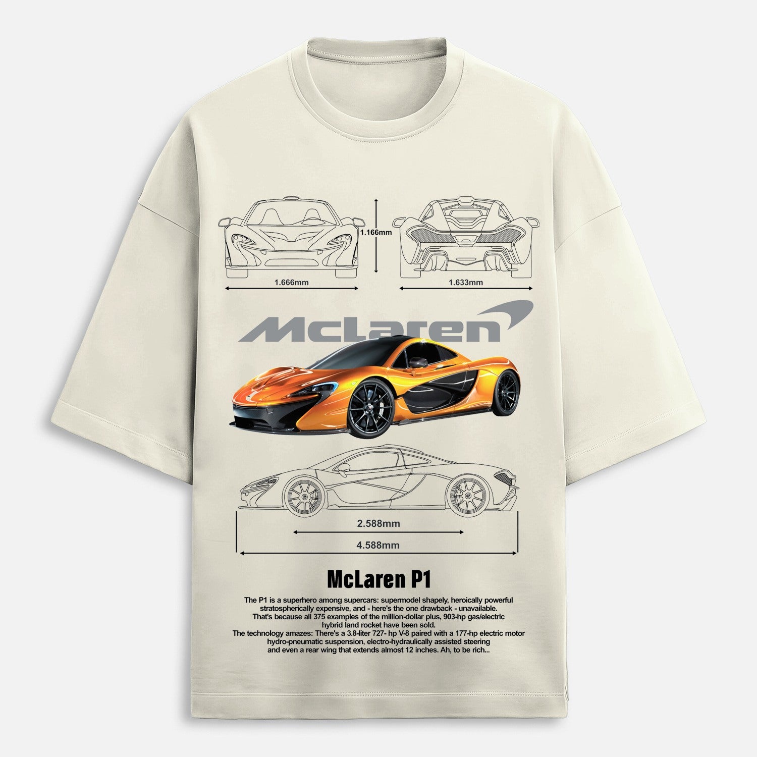 Beige t-shirt with McLaren car design and specifications on a white background