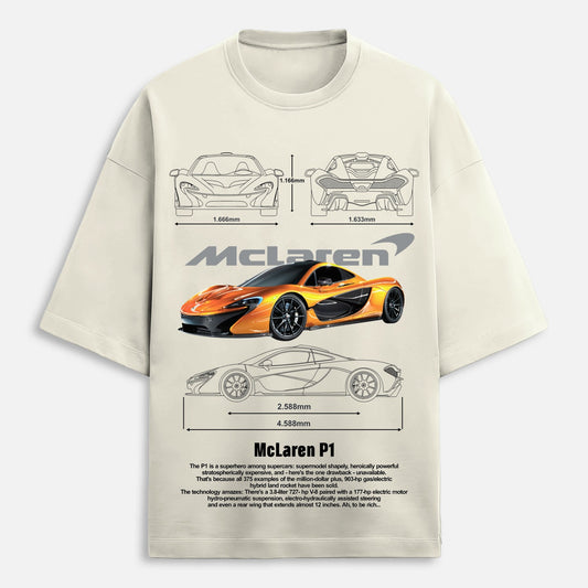 Beige t-shirt with McLaren car design and specifications on a white background