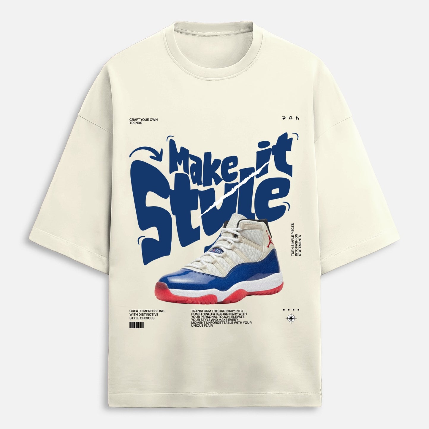 Beige t-shirt with blue and red sneaker graphic and 'Make it Style' text on a white background