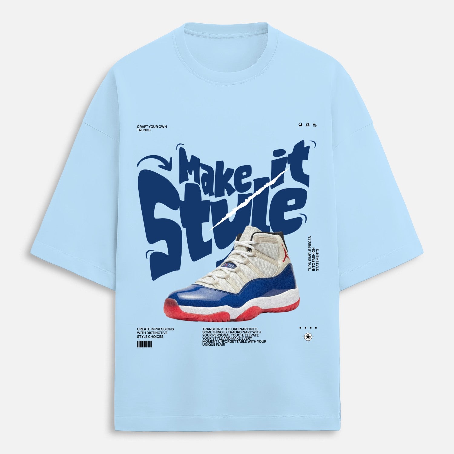 Light blue t-shirt with a graphic of a sneaker and 'Make it Style' text on a white background