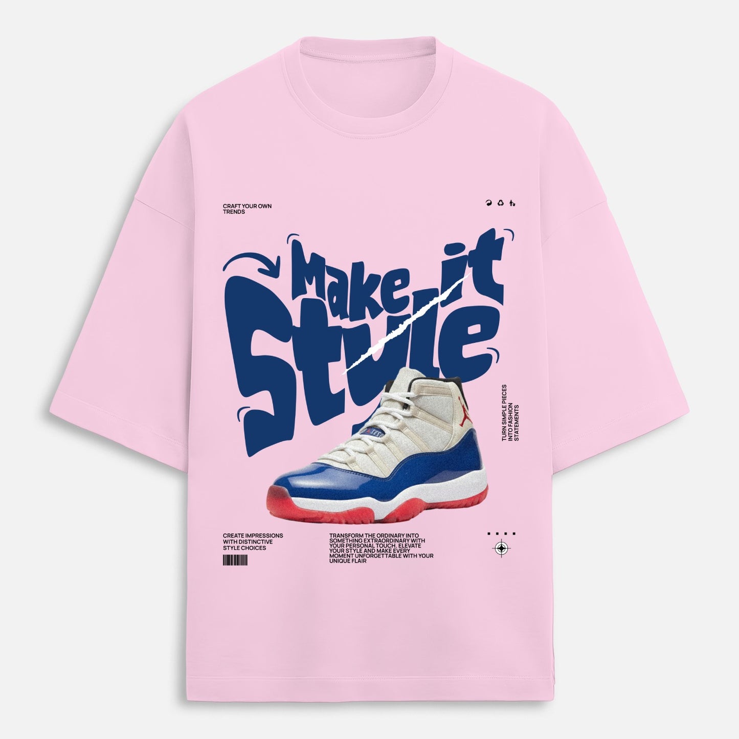 Pink t-shirt with blue and red sneaker graphic and 'Make it Style' text on a light gray background