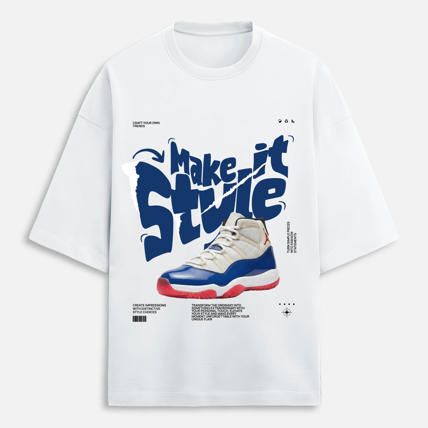 White t-shirt with blue and red sneaker graphic and 'Make it Style' text on a white background