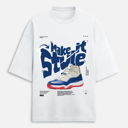 White t-shirt with blue and red sneaker graphic and 'Make it Style' text on a white background