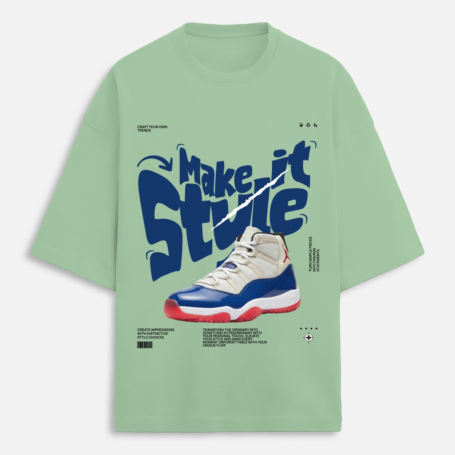 Light green t-shirt with blue and red sneaker graphic and 'Make it Style' text on a light gray background