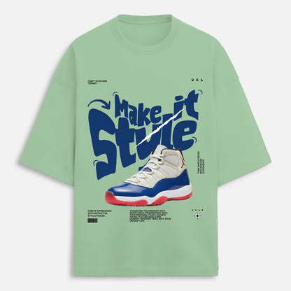 Light green t-shirt with blue and red sneaker graphic and 'Make it Style' text on a light gray background