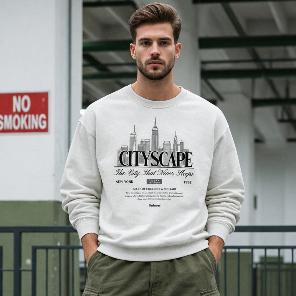 Man wearing a white sweatshirt with 'CITYSCAPE' design, standing in an urban setting.