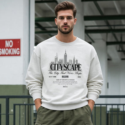 Man wearing a white sweatshirt with 'CITYSCAPE' design, standing in an urban setting.