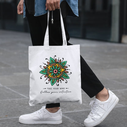 Mandala Canvas Tote Bag with "Free Your Mind" Quote