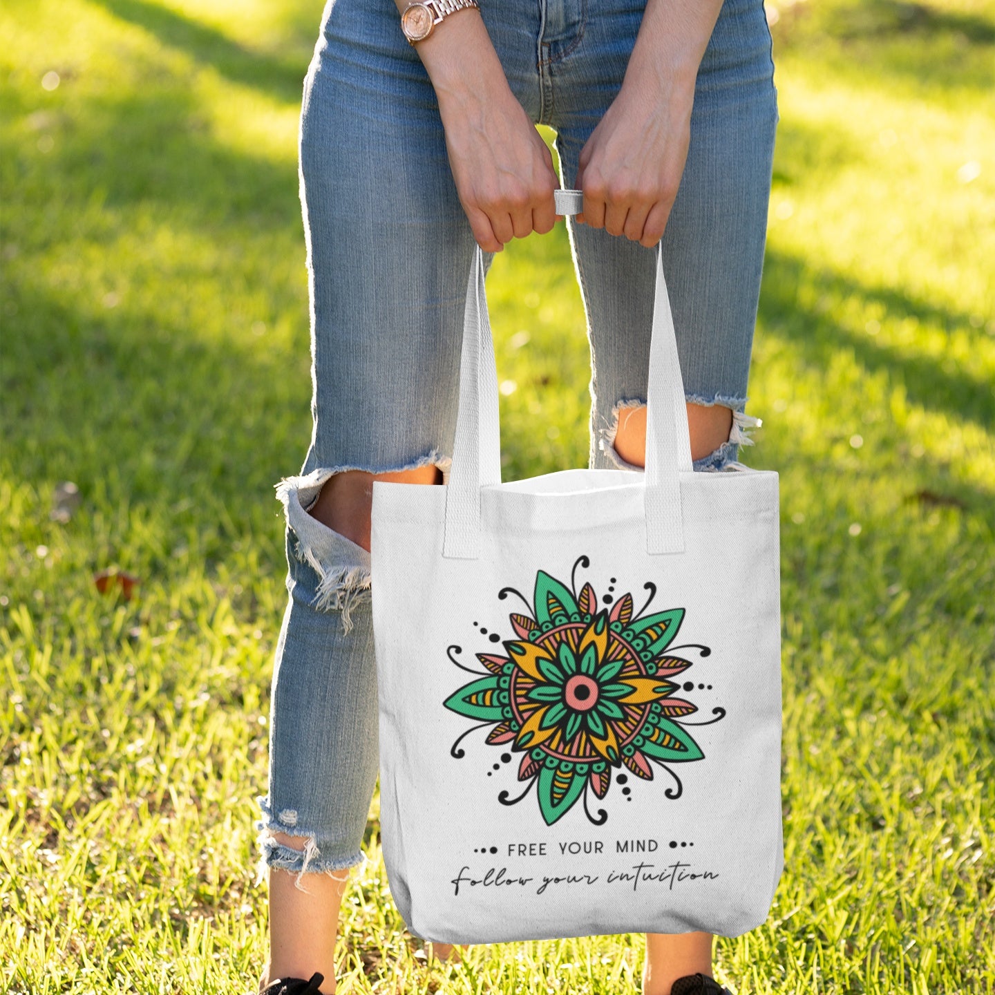 Mandala Canvas Tote Bag with "Free Your Mind" Quote