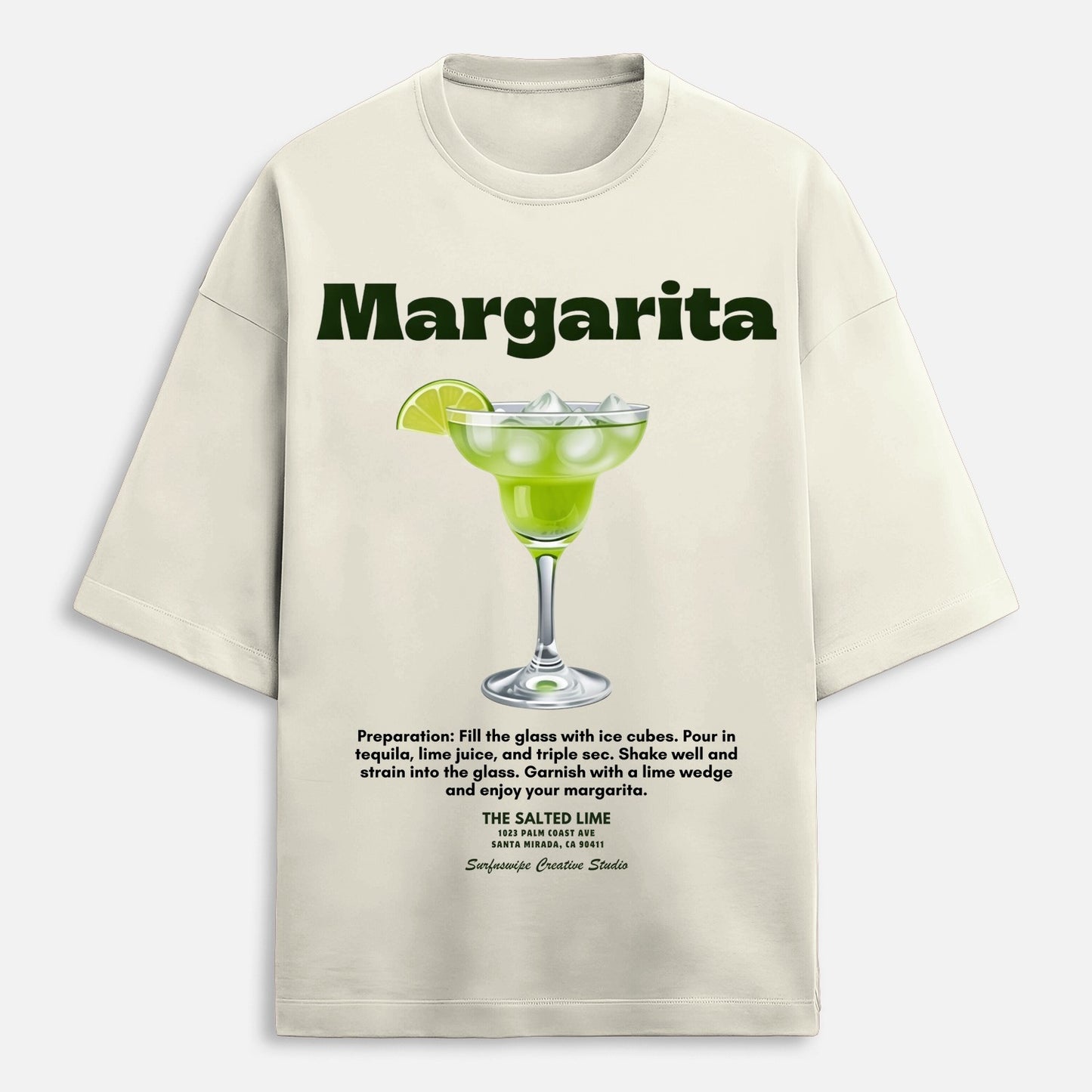 Beige t-shirt with margarita graphic and text on a white background
