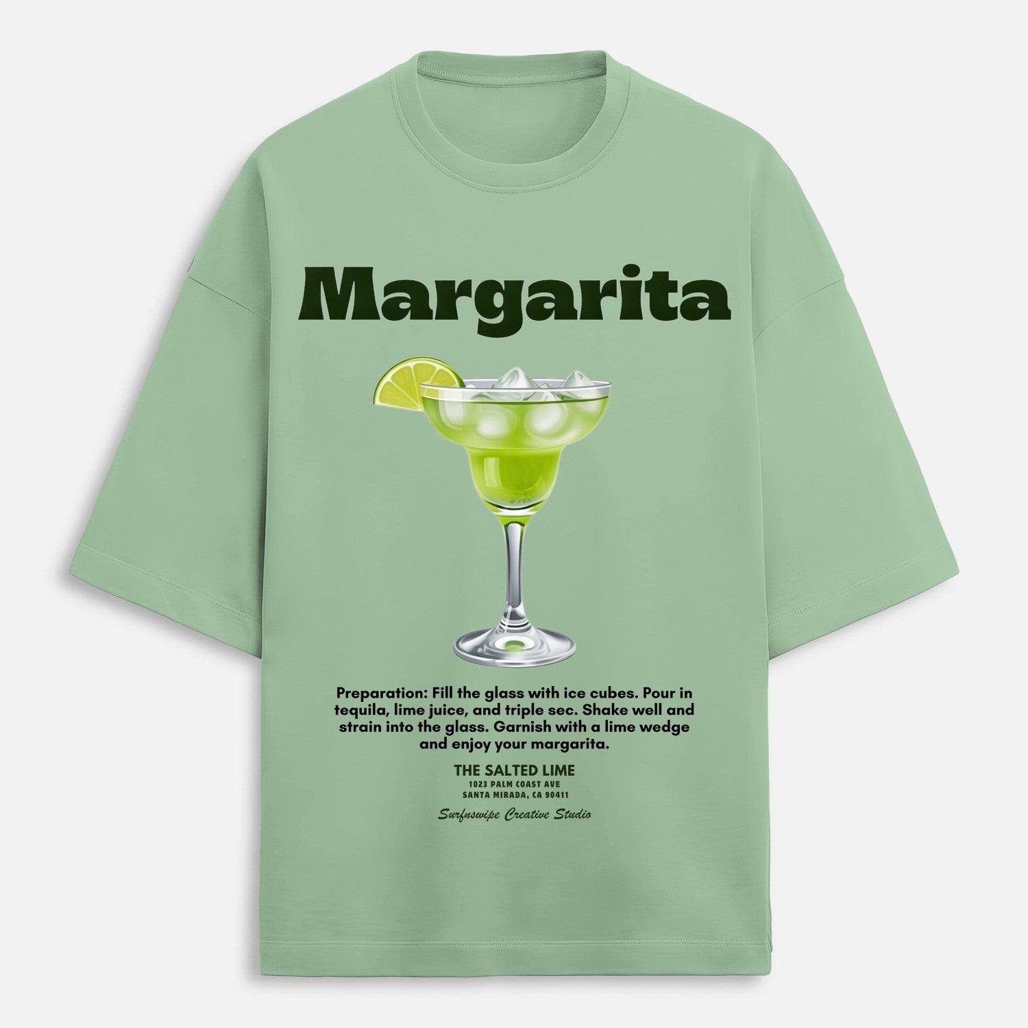 Light green t-shirt with margarita graphic and text on a white background