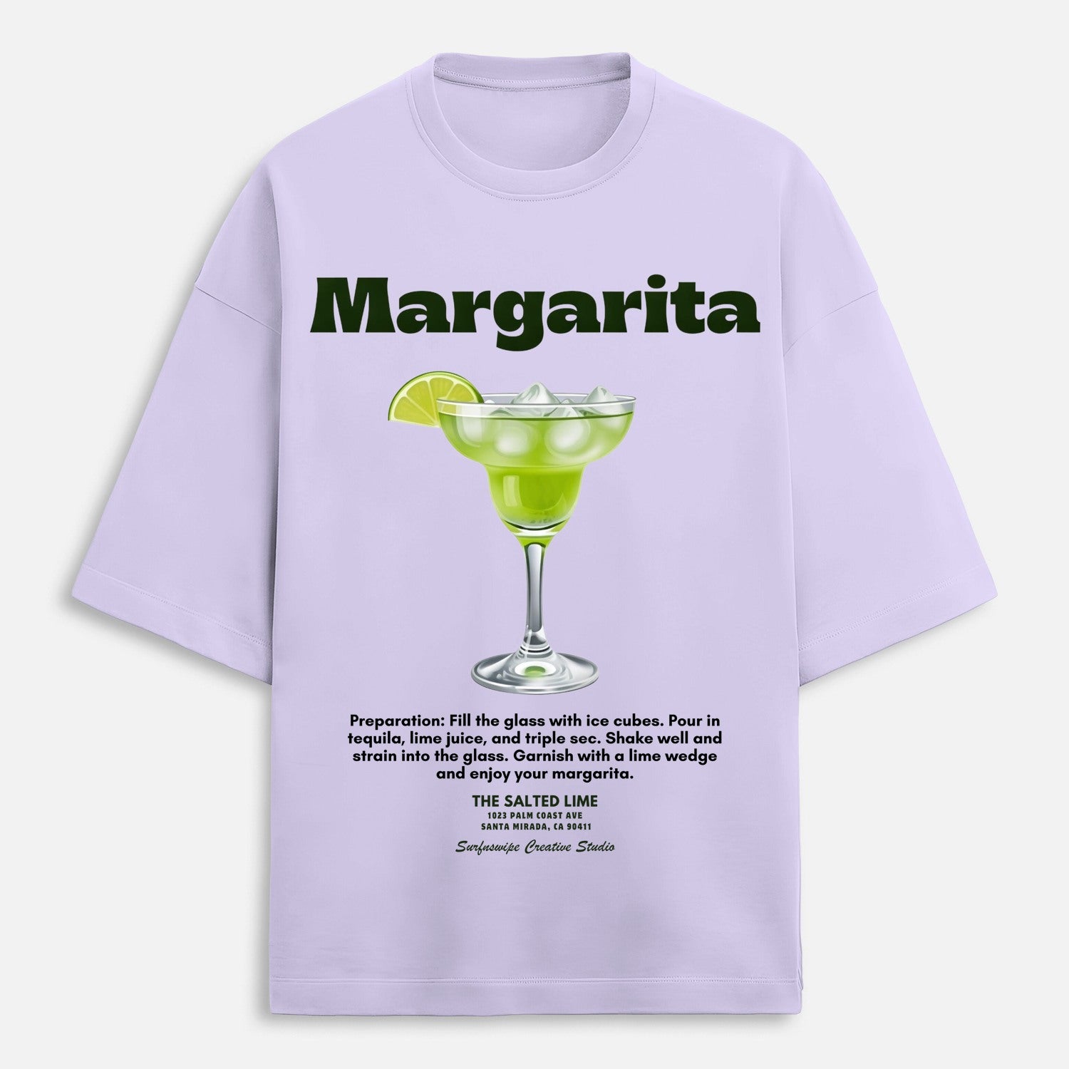 Lavender t-shirt with margarita graphic and text on a white background