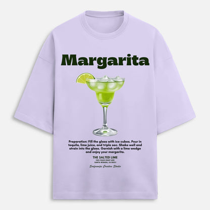 Lavender t-shirt with margarita graphic and text on a white background