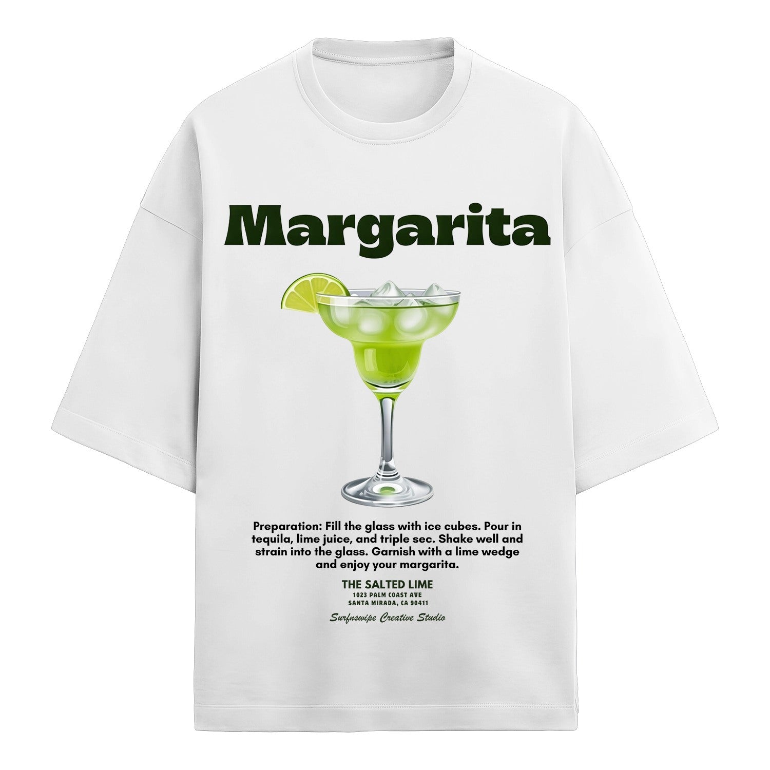 White t-shirt with a margarita graphic and text on a white background