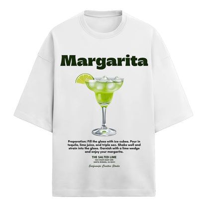 White t-shirt with a margarita graphic and text on a white background