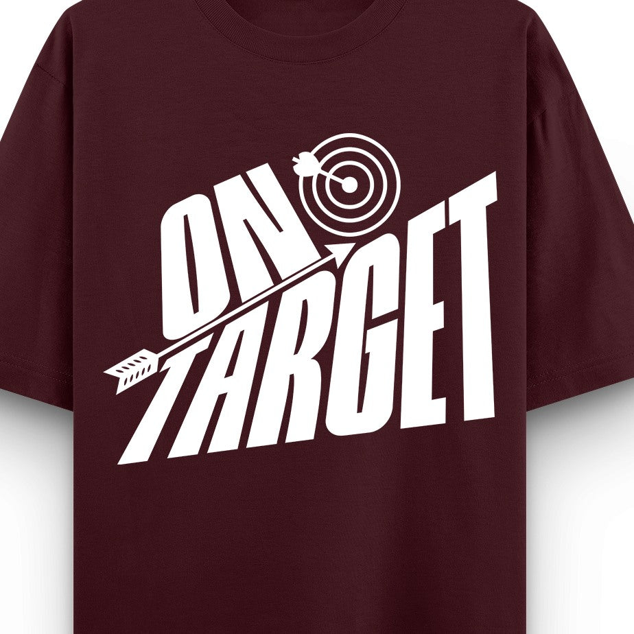 Maroon t-shirt with 'On Target' graphic design on a white background