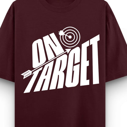 Maroon t-shirt with 'On Target' graphic design on a white background