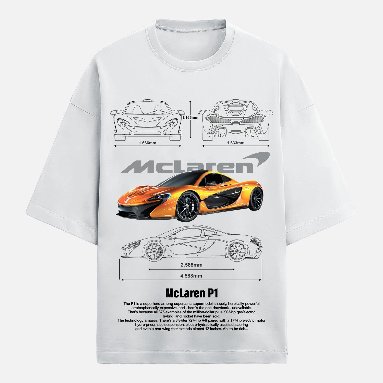 White t-shirt with McLaren P1 graphic design on a white background