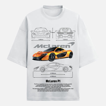 White t-shirt with McLaren P1 graphic design on a white background