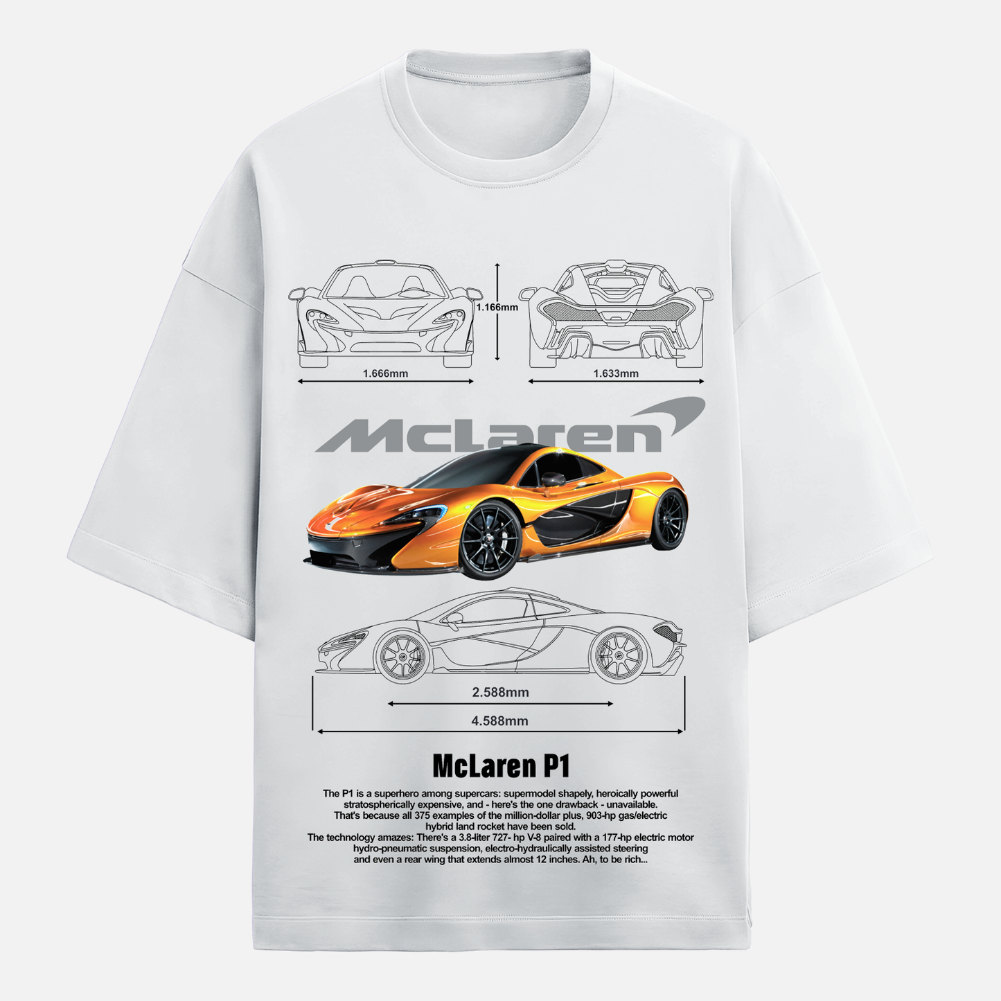 White t-shirt with McLaren P1 graphic design on a white background