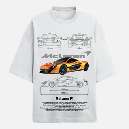 White t-shirt with McLaren P1 graphic design on a white background