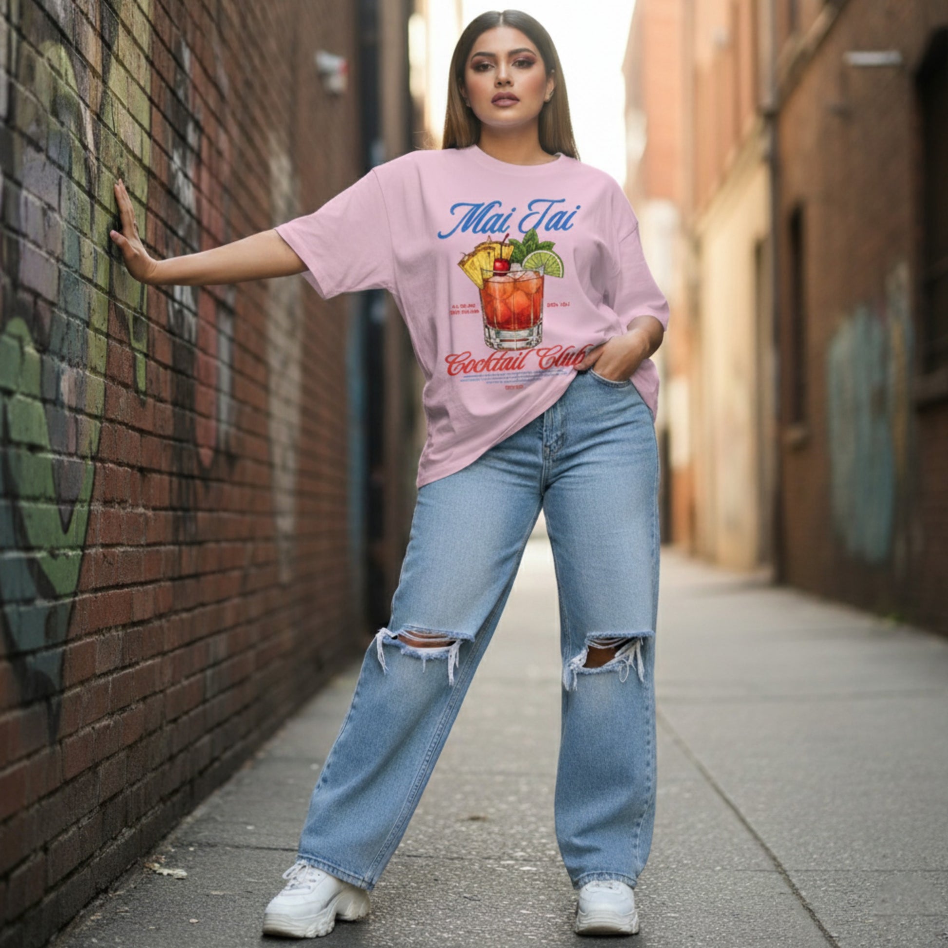 Woman wearing a pink t-shirt with a cocktail design and text, standing against a brick wall.