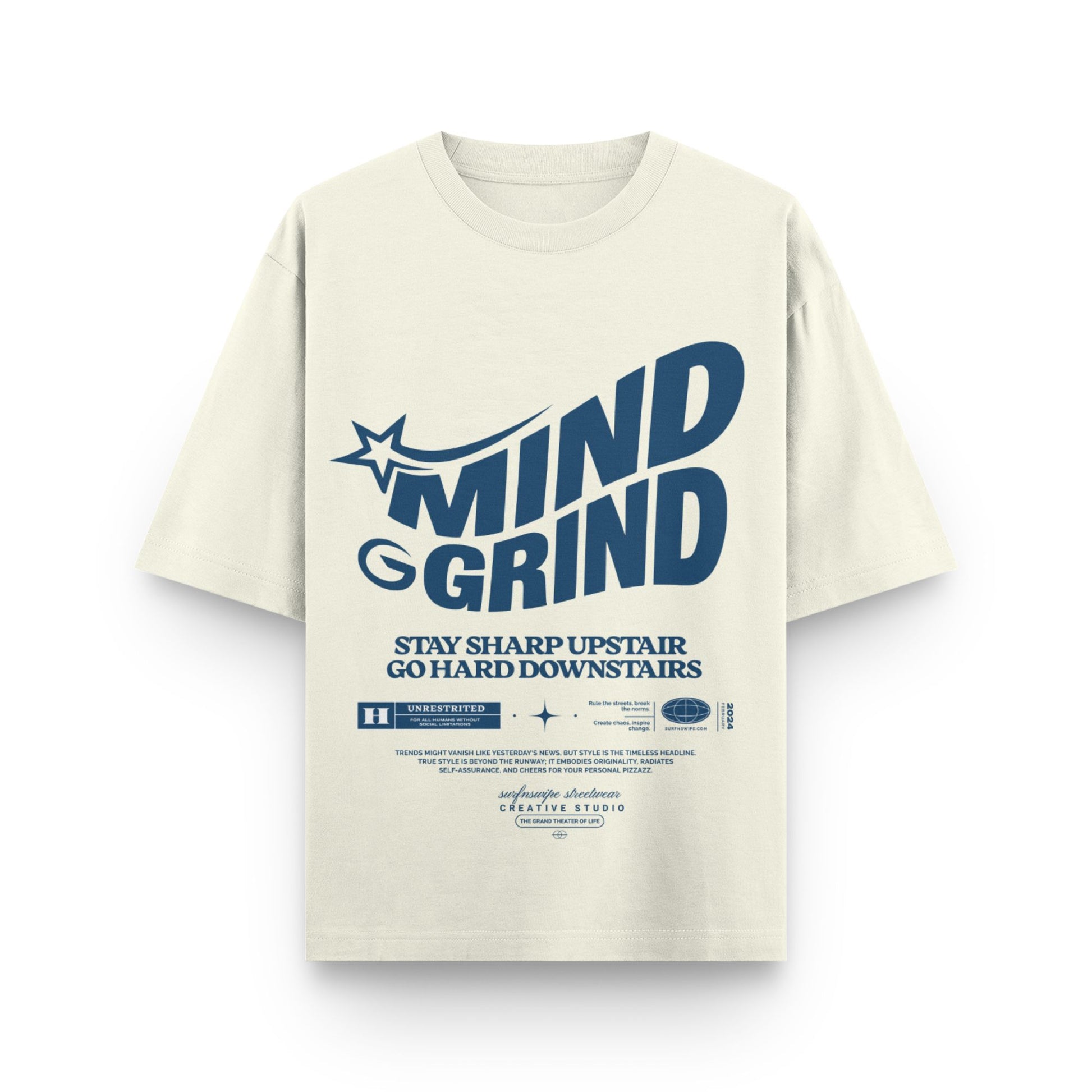 Beige t-shirt with blue text and graphics on a white background