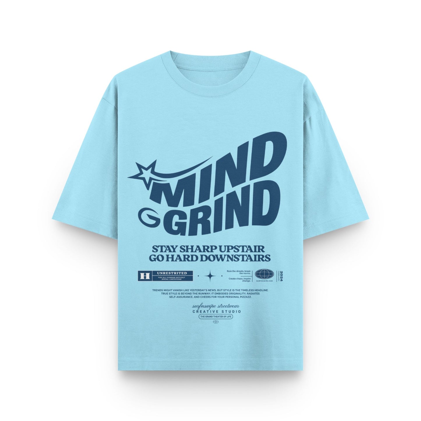 Light blue t-shirt with 'MIND GRIND' text on a white background
