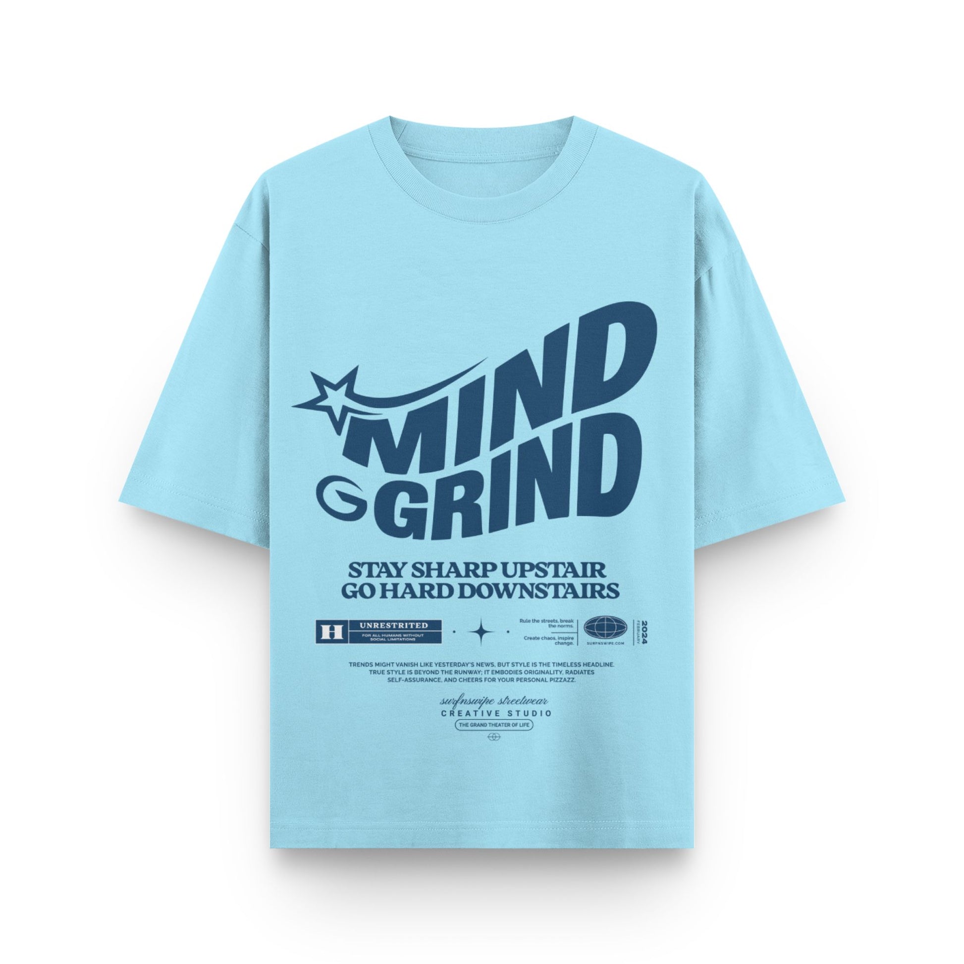 Light blue t-shirt with 'MIND GRIND' text on a white background