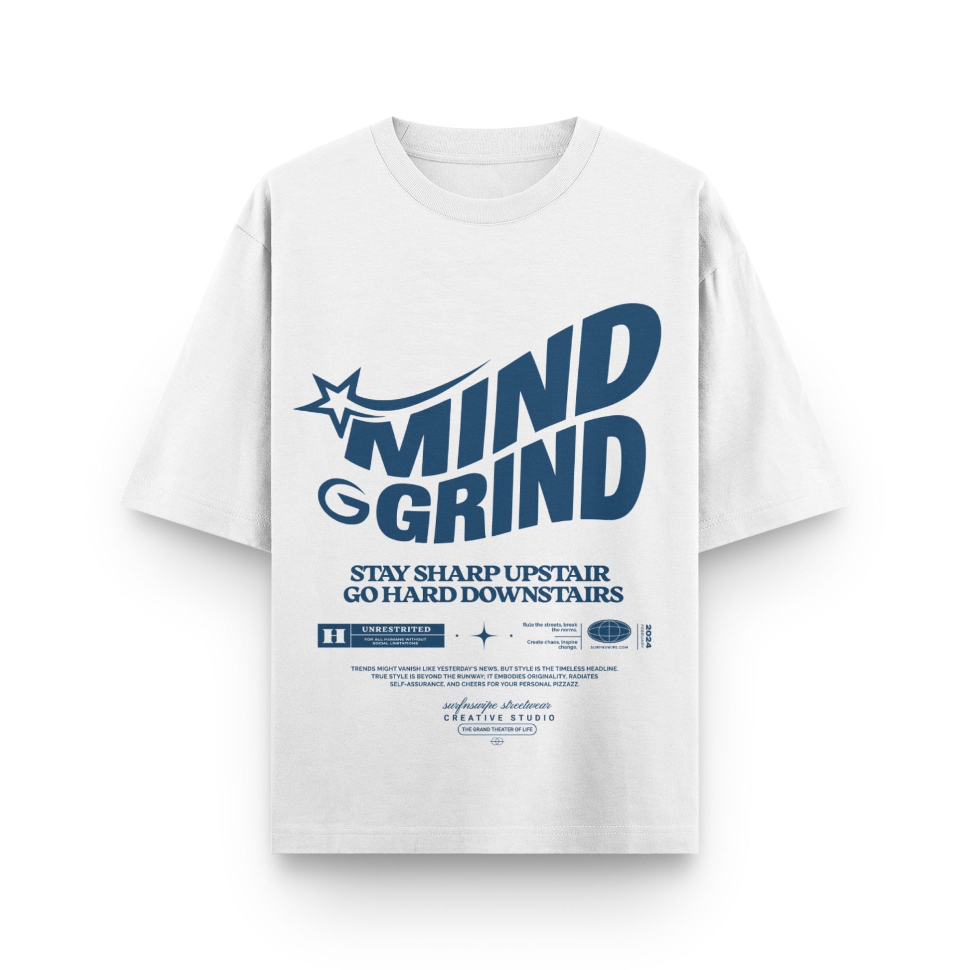White t-shirt with blue text and graphics on a white background