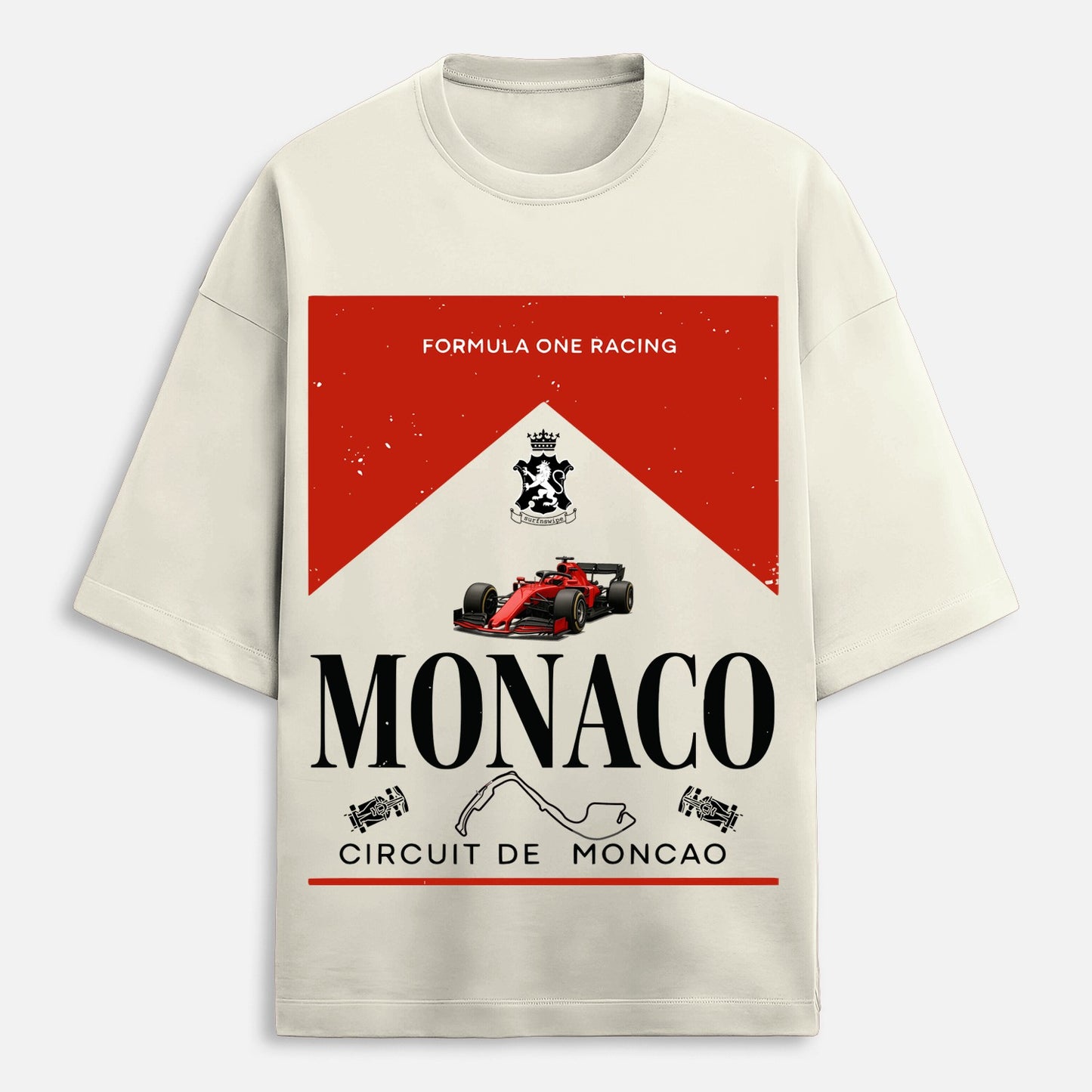 Beige t-shirt with Formula One racing design featuring Monaco text and race car.