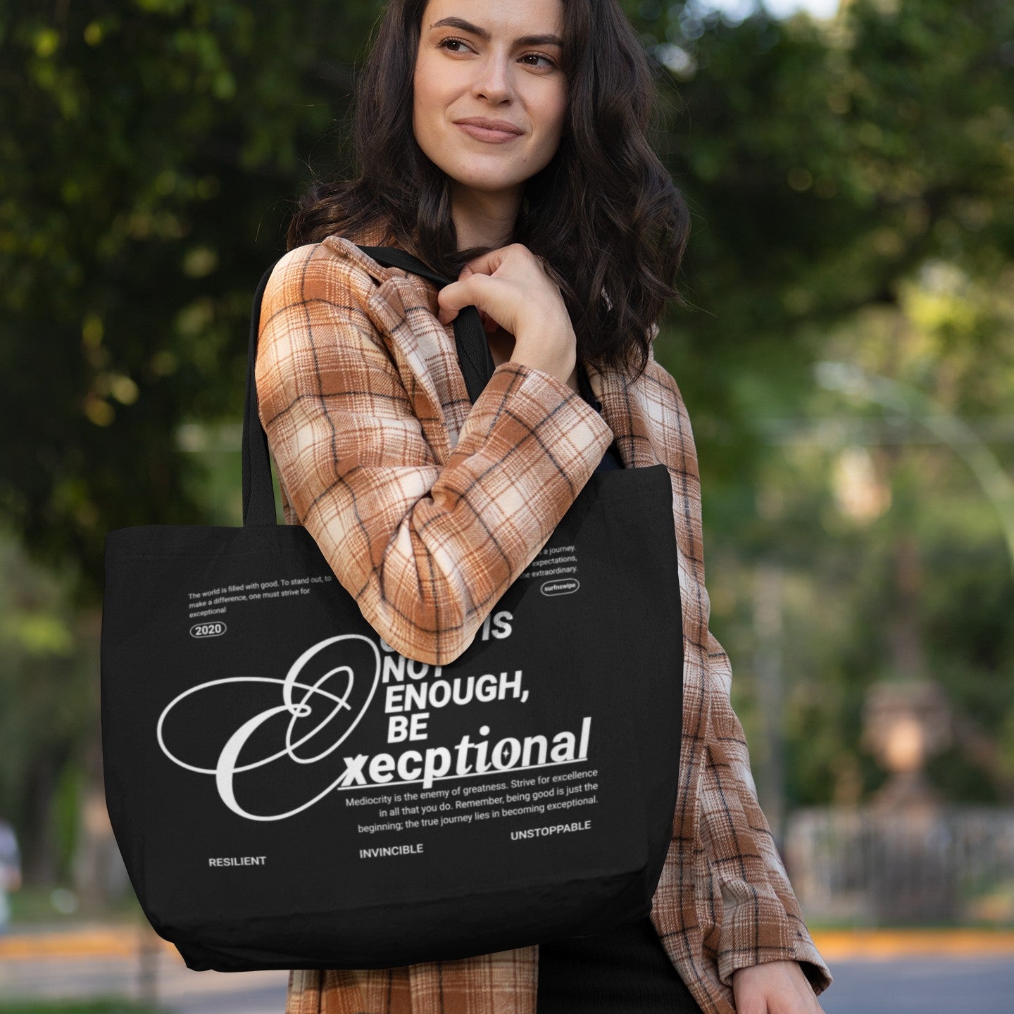 Motivational Quote Printed Cotton Everyday Large Black Tote Bag