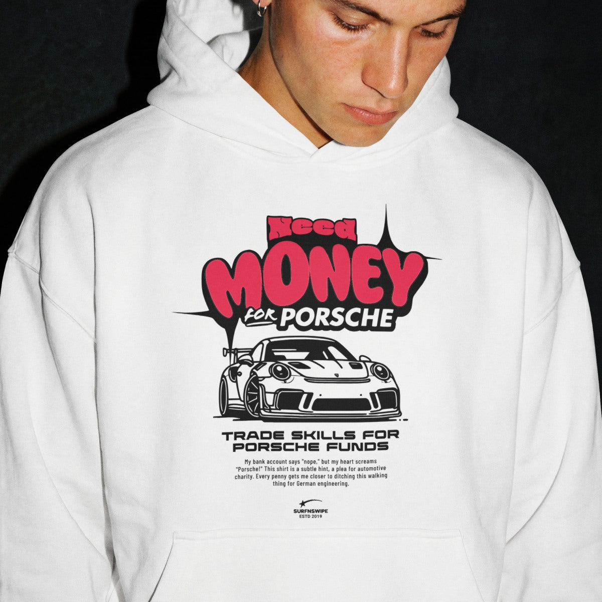 Person wearing a white hoodie with a graphic design featuring text and a Porsche car.