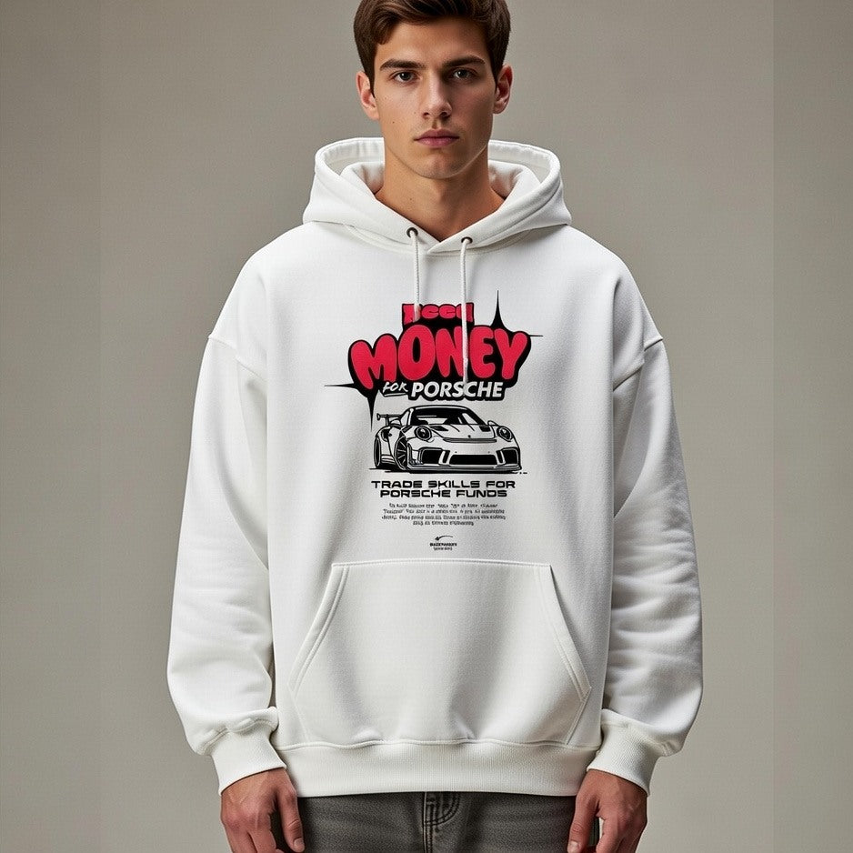 White hoodie with graphic design featuring a car and text on a plain background