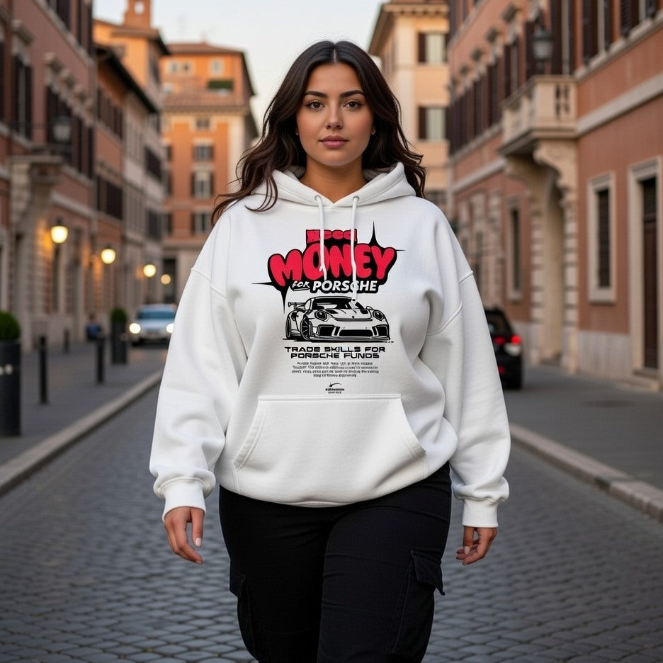 Woman wearing a white hoodie with a graphic design on a city street
