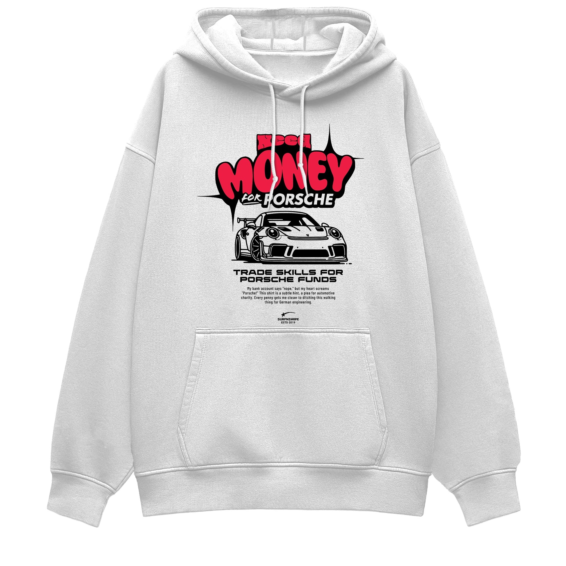 White hoodie with Porsche graphic and text on a white background