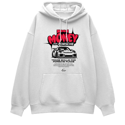 White hoodie with Porsche graphic and text on a white background