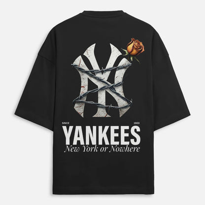 Black t-shirt with Yankees logo and rose design on a white background