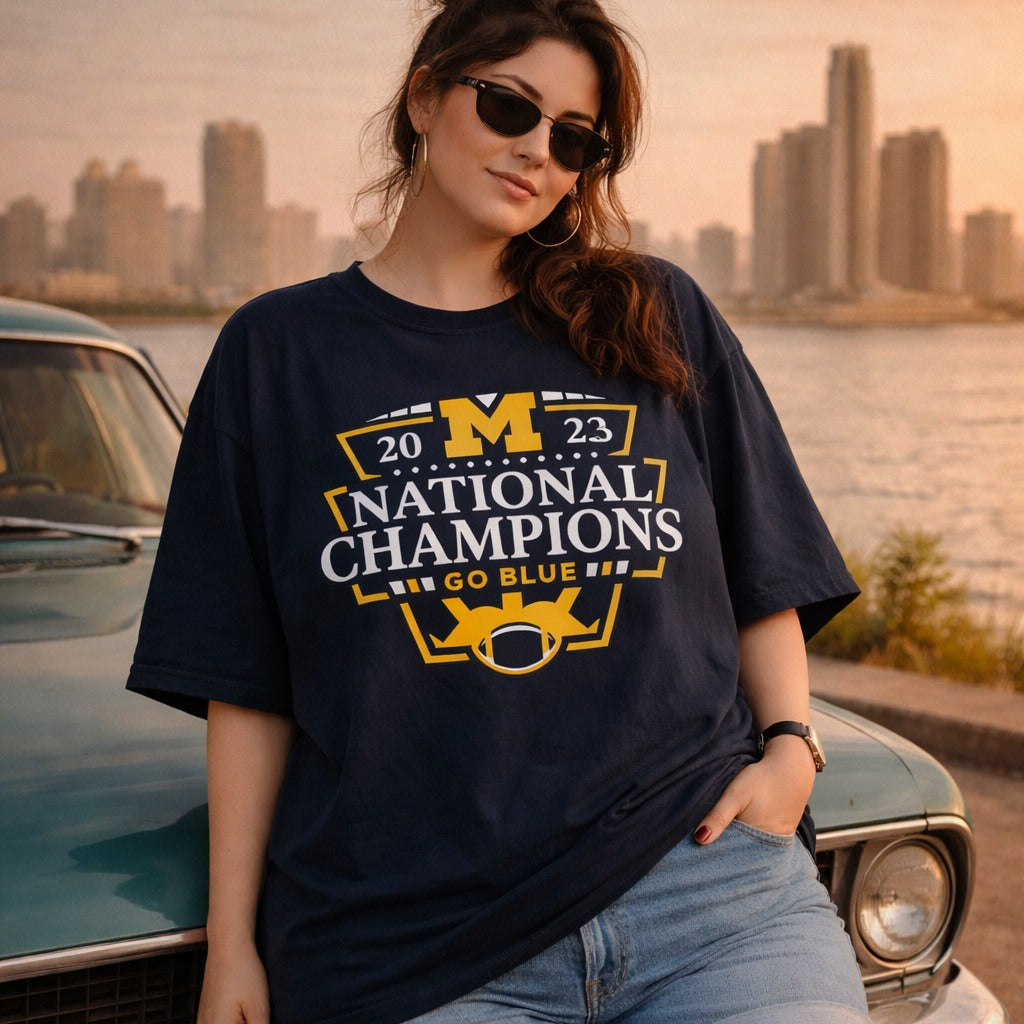 Woman wearing a '2023 National Champions Go Blue' t-shirt by a waterfront with city skyline.
