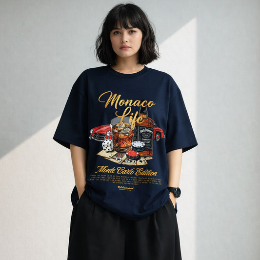 Woman-wearing-Monaco-oversized-tshirt