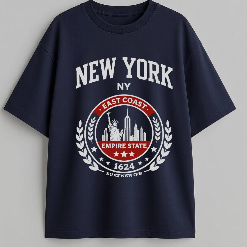 Navy blue t-shirt with New York graphic design on a gray background