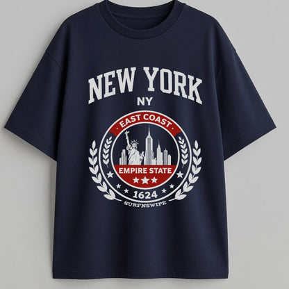 Navy blue t-shirt with New York graphic design on a gray background