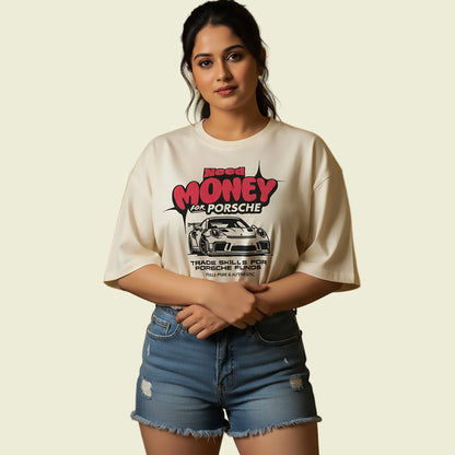 Woman wearing a white t-shirt with a graphic design on a beige background