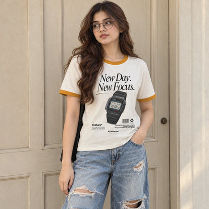 New Day New Focus Ringer Tee | Retro Graphic T-Shirt