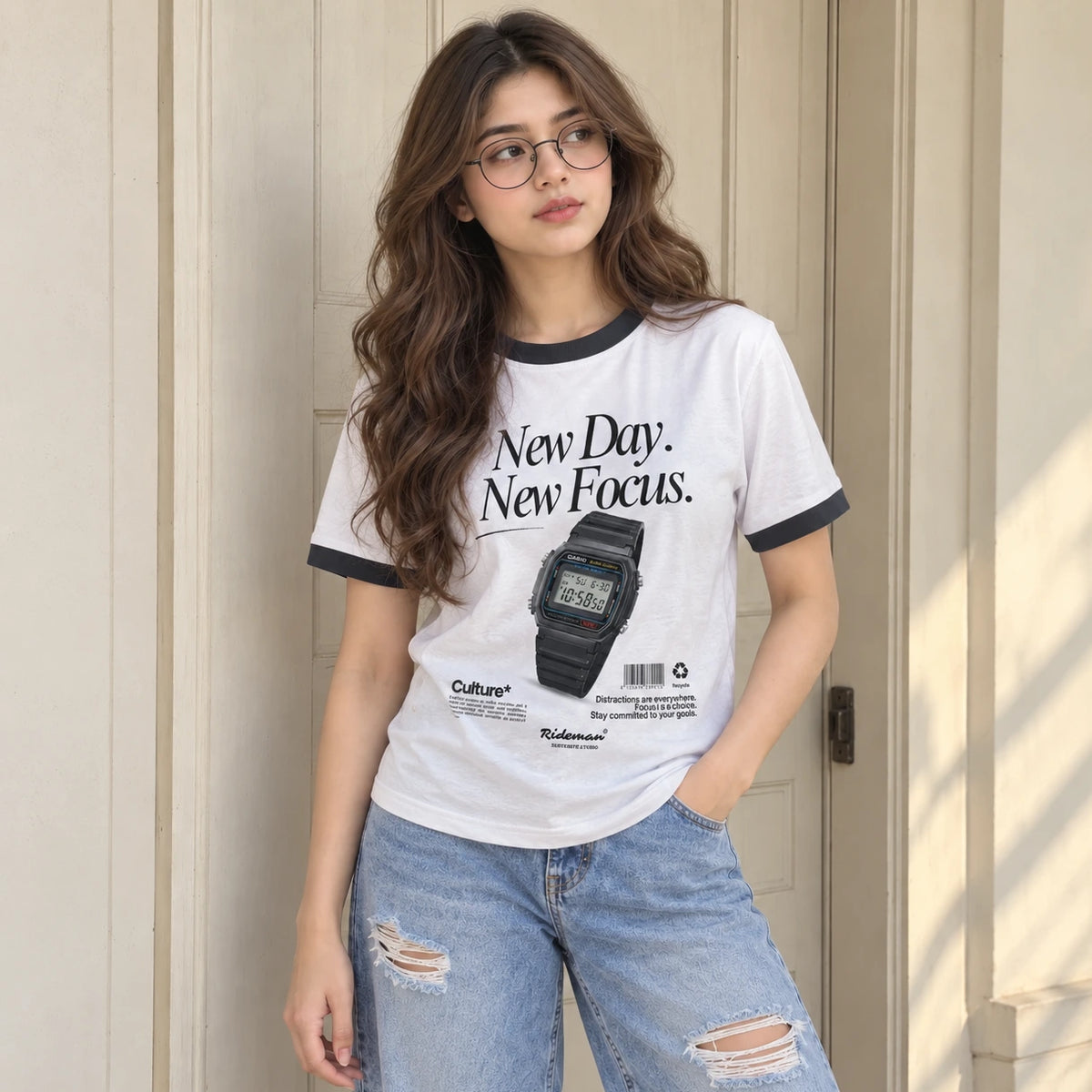 A woman wearing a white ringer T-shirt with black trim and a graphic print of a digital watch, paired with distressed light blue jeans, standing in front of a beige paneled door.