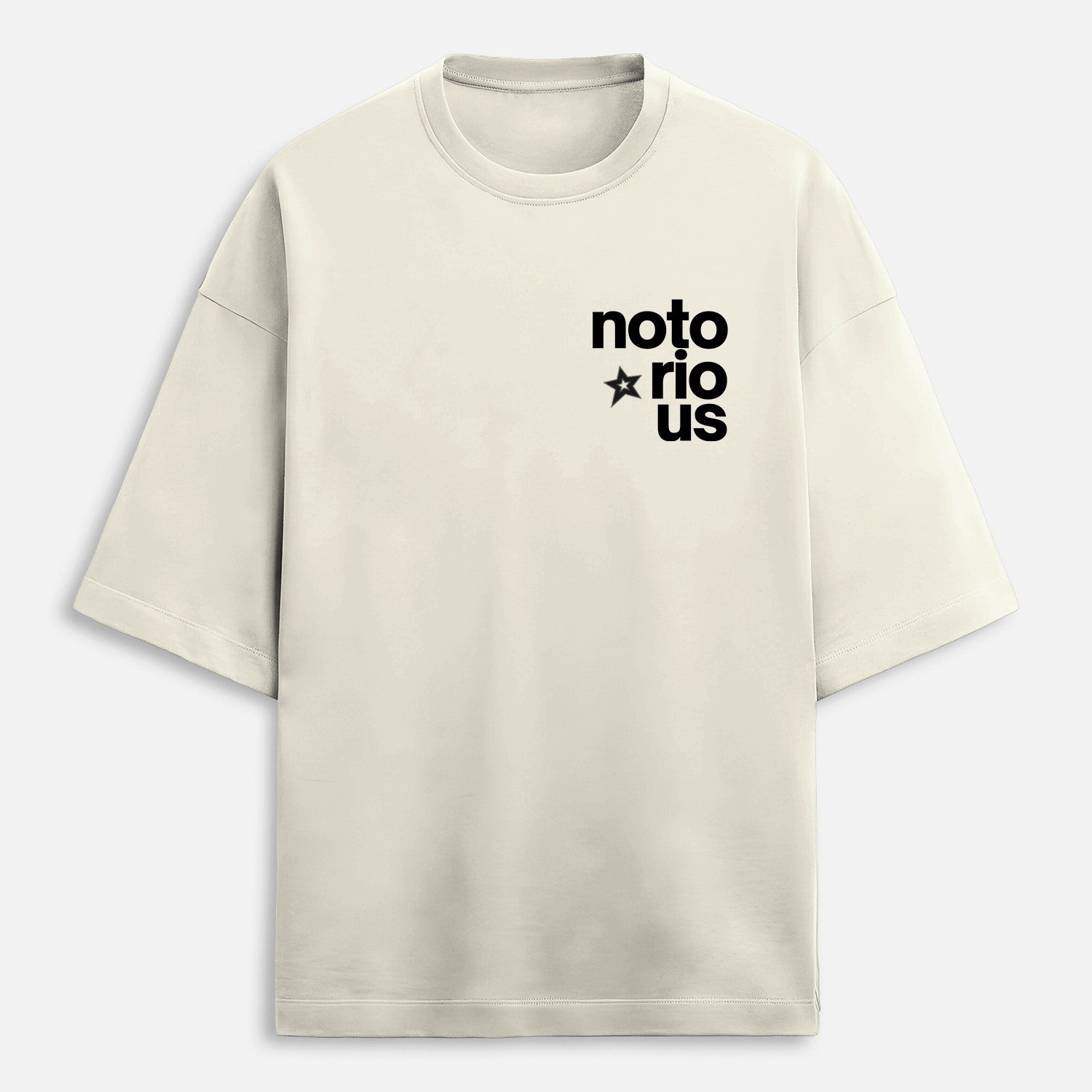 Beige t-shirt with 'notorio us' text on a light gray background