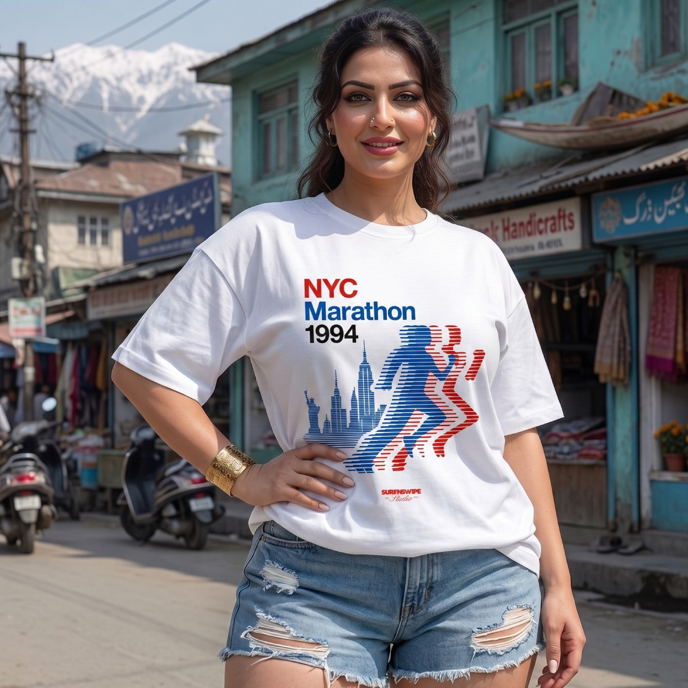 Woman wearing a NYC Marathon 1994 t-shirt on a street with shops and mountains in the background