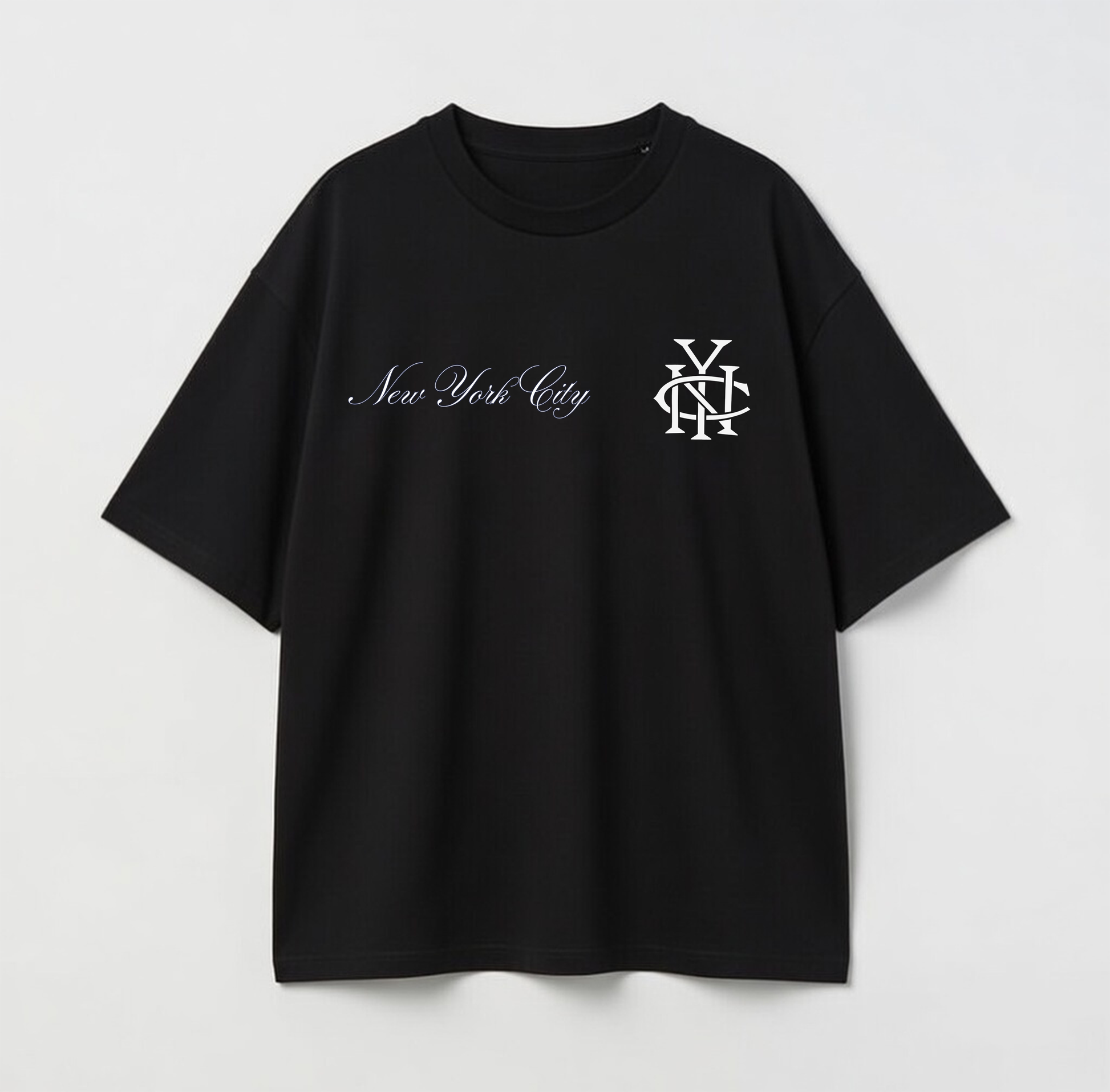 Black t-shirt with 'New York City' text and logo on a white background