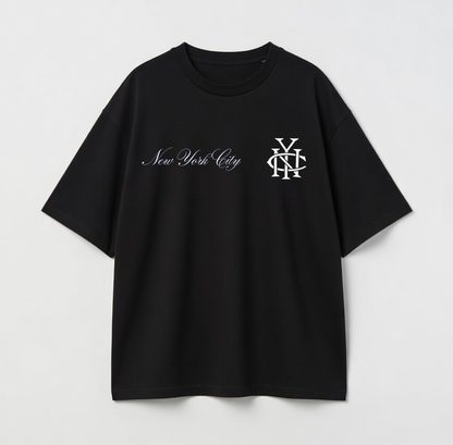 Black t-shirt with 'New York City' text and logo on a white background